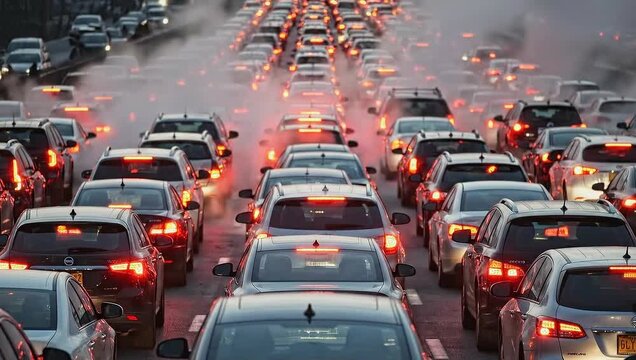 Heavy traffic jam on highway with smoke pollution from vehicles during rush hour