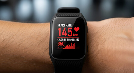 Person monitoring their high heart rate and calories burned on a smartwatch fitness tracker during vigorous exercise