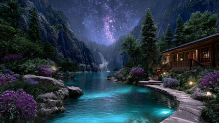 Enchanted lakeside valley under a star-filled sky, glowing turquoise water, lush purple flowers, towering pine trees, dramatic mountain cliffs, and a warmly lit wooden cabin nestled among the rocks