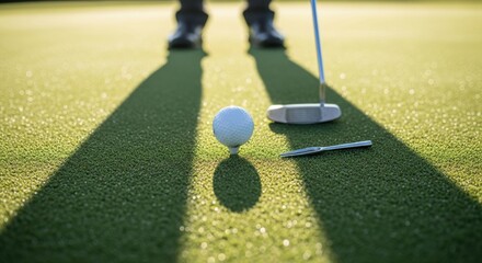Golfers Perspective: Long Shadows on the Green with Ball and Putter Ready for a Shot.