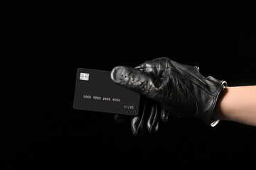 Thief's hand with credit card on black background