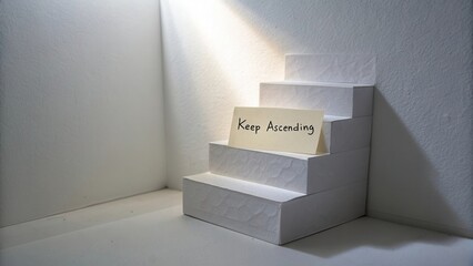 Inspirational message on a staircase encouraging growth and progress through continuous effort with a soft light illuminating the scene
