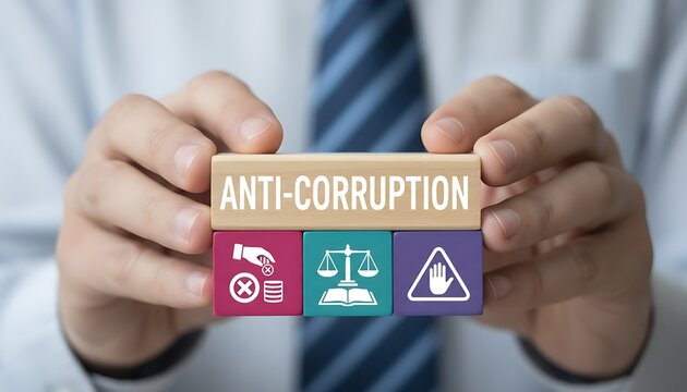 Business person holding colorful blocks with icons sees inscription: ANTI-CORRUPTION. Concept of anti corruption activities that oppose or inhibit corruption