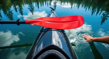 First-person view of a person kayaking on a serene lake surrounded by lush green trees with a red paddle resting on the kayak.
