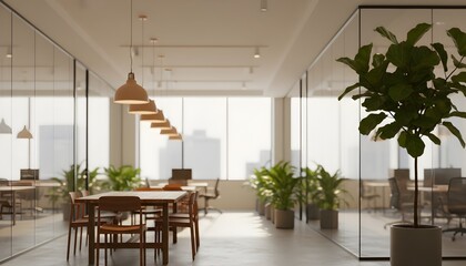 Spacious contemporary office interior with biophilic design elements, glass partitions, and abundant natural light