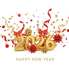 Happy New Year 2026 golden balloons and confetti celebration on white.