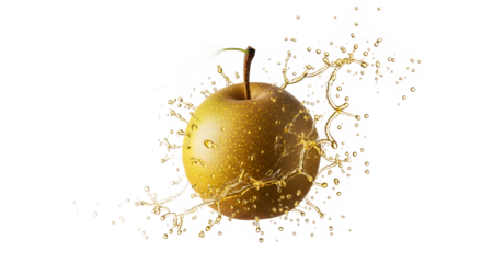 Golden pear with splashing juice, highlighting freshness and natural sweetness for a refreshing beverage or dessert