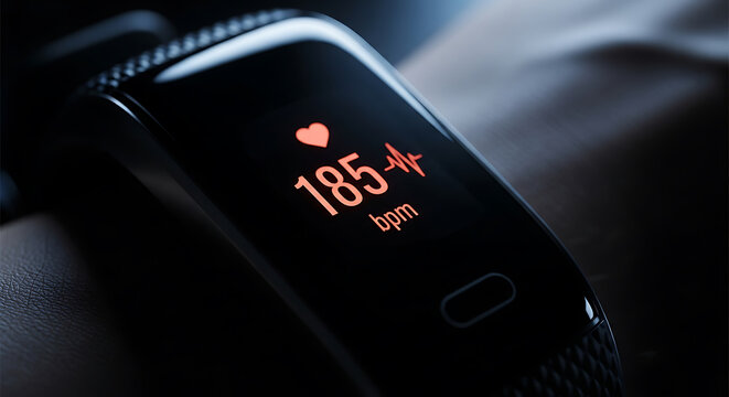 Close-up of a modern fitness tracker displaying a high heart rate of 185 bpm, indicating intense physical activity or an elevated health metric