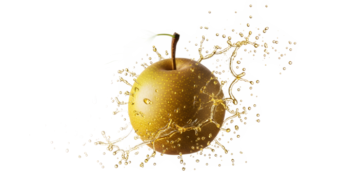 Golden pear with splashing juice, highlighting freshness and natural sweetness for a refreshing beverage or dessert