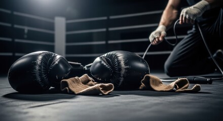 Boxing Gloves and Hand Wraps on Ring Floor with Boxer in Background.