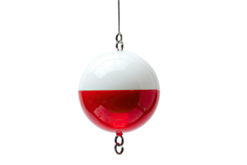 Red-bottomed white fishing bobber hangs isolated