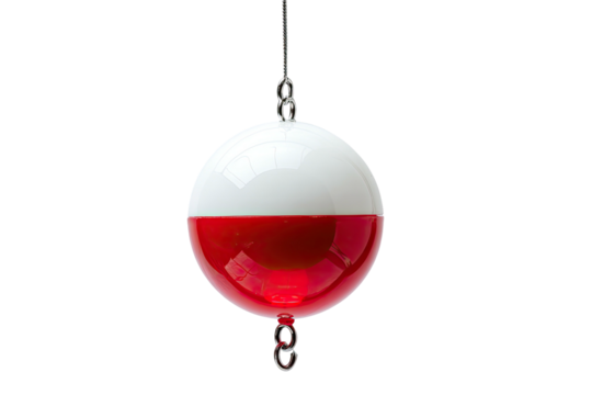 Red-bottomed white fishing bobber hangs isolated