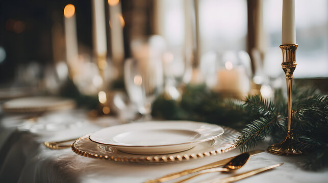 A luxurious home setting displays a sophisticated festive dining scene indoors - Powered by Adobe