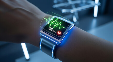 Wearable technology on a wrist displaying a digital heart rate monitor, embodying personal health tracking, modern medical advancements, and innovative digital well-being