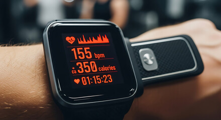Smartwatch displays heart rate, calories burned, and elapsed time during a workout