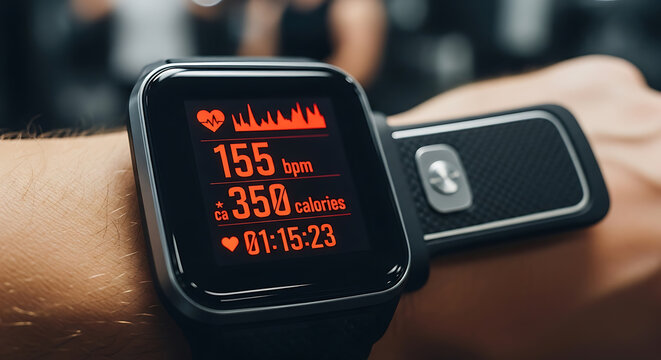 Smartwatch displays heart rate, calories burned, and elapsed time during a workout