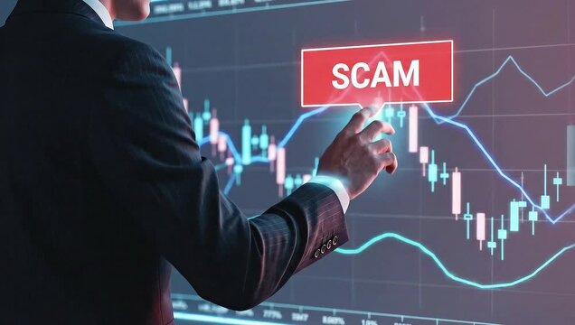 Financial fraud exposed - A man points at a stock chart labeled SCAM.