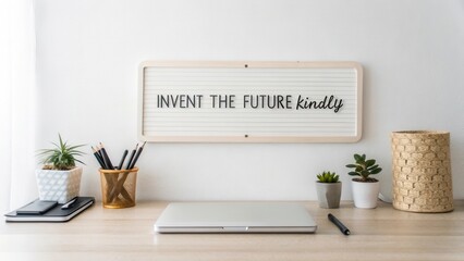 Inspiring Workspace with Letter Board Featuring "Invent the Future Kindly" Surrounded by Plants and Stationery