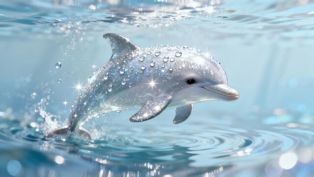 A dolphin leaping out of clear blue water with droplets sparkling in sunlight - Powered by Adobe