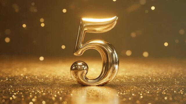 Golden metallic number 5 standing on a sparkling glitter surface with warm bokeh lights in the background