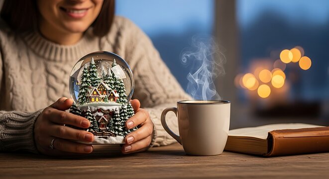 Cozy winter scene with a woman holding a festive snow globe and a steaming mug of hot beverage next to an open book