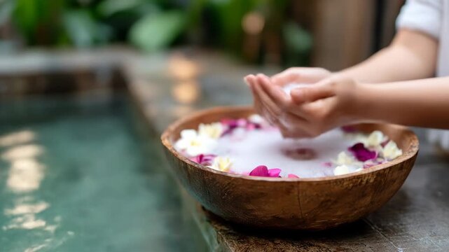 Person hands soaking in water with colorful flowers and bubbles for relaxation and self care treatment - Powered by Adobe