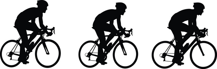Silhouette of three cyclists riding racing bicycles, professional bike riders in motion, vector illustration for sports, fitness, competition, teamwork and endurance