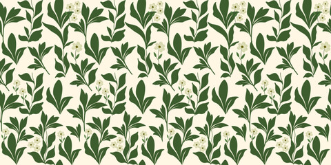 Seamless pattern of green grass and leaves with flowers as a point. Seamless fabric background.