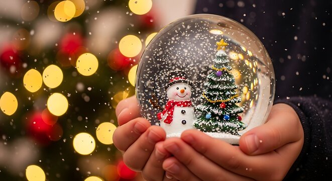Close up of a person s hands holding a festive christmas snow globe with a cheerful snowman and decorated evergreen trees inside bokeh lights in background
