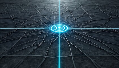 Digital network with glowing blue target and connecting lines symbolizing global communication, technology, and data processing