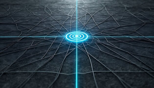 Digital network with glowing blue target and connecting lines symbolizing global communication, technology, and data processing