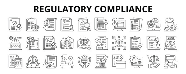 30 Regulatory Compliance Line Icons Vector - Policy Rule, Security Standard, Law Enforcement, Code Ethics, Corporate Governance, Business Regulation
