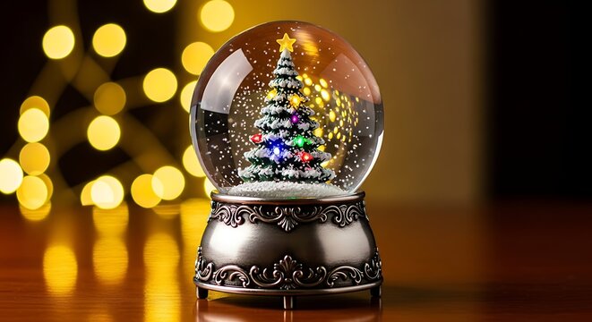 A festive christmas snow globe with a miniature decorated tree inside illuminated by colorful lights set against a bokeh background of warm golden lights