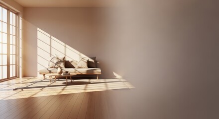 Sunlit serene living space, minimalist design and modern aesthetic appeal