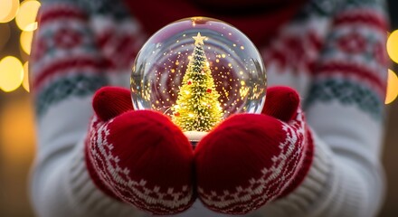 Close up of hands wearing red knitted mittens holding a glowing snow globe with a miniature christmas tree inside surrounded by bokeh lights