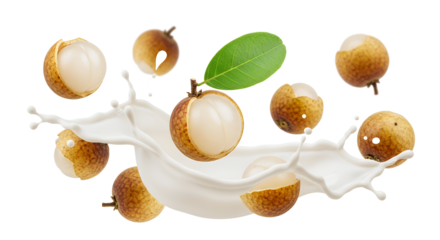 Fresh and Juicy Longan Fruits Splashing into Creamy Milk with Green Leaf