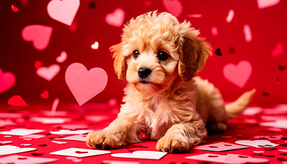 Adorable fluffy puppy surrounded by falling heart confetti on a vibrant red background, embodying love and affection