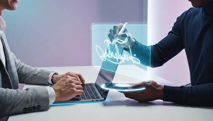 Digital Collaboration - Two People Working Together with Technology and Data. - Powered by Adobe