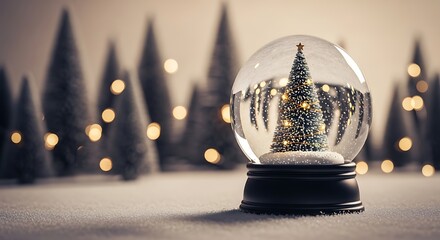 A festive snow globe with a miniature christmas tree inside sits on a surface with a blurred background of illuminated trees creating a winter wonderland scene