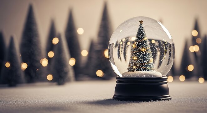 A festive snow globe with a miniature christmas tree inside sits on a surface with a blurred background of illuminated trees creating a winter wonderland scene - Powered by Adobe