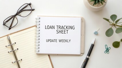 Loan Tracking Sheet for Financial Management and Weekly Budget Planning with Eyeglasses and Green Plants on Desk