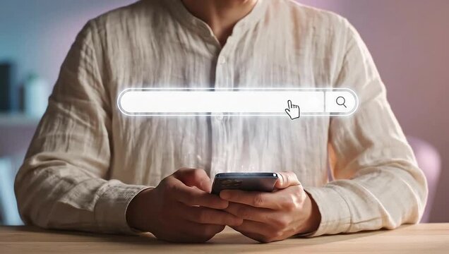 Man using smartphone with search bar overlay, technology concept.