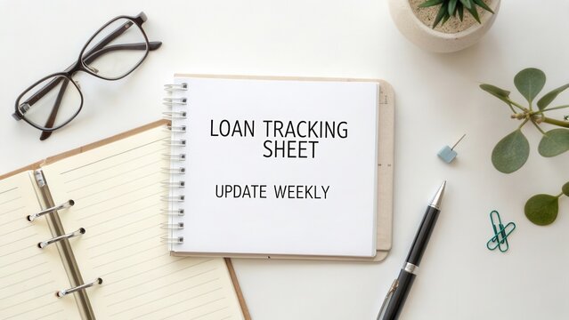 Loan Tracking Sheet for Financial Management and Weekly Budget Planning with Eyeglasses and Green Plants on Desk