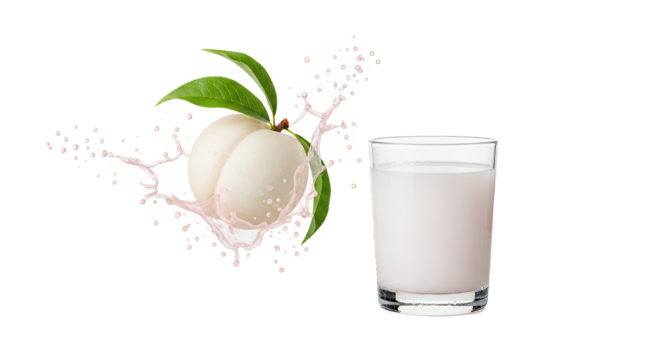 Fresh white peach with a dynamic pink milk splash and a glass of creamy peach-flavored beverage, isolated on a clean white background