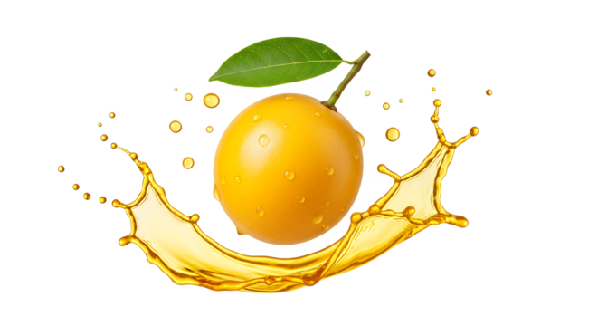 A fresh, ripe whole orange with a single green leaf, creating a vibrant splash of golden citrus juice, isolated on a white background