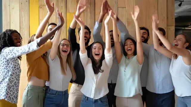 Diverse Group of Young Business Professionals Cheering and Celebrating Success with Raised Hands