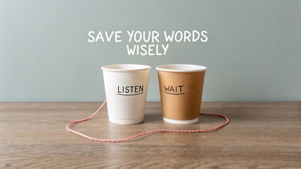 Thought-Provoking Concept of Communication with Paper Cups and String on Wooden Table Emphasizing the Importance of Listening