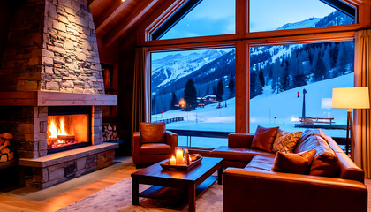 Luxurious ski chalet interior featuring a warm fireplace, comfortable leather furniture, and stunning view of snowy mountains