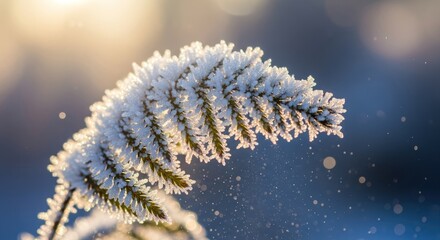 frost on the branches with snow with reflection of day light blur background 