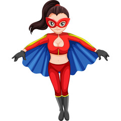 Pixel Art Superhero Woman Flying With Red Costume Blue Cape Yellow Trim Black Gloves and Boots and Mask